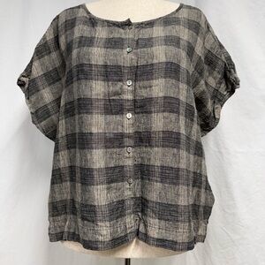 Poetry Fashion Plaid Button-Up Cropped Oversized Top 100% Linen